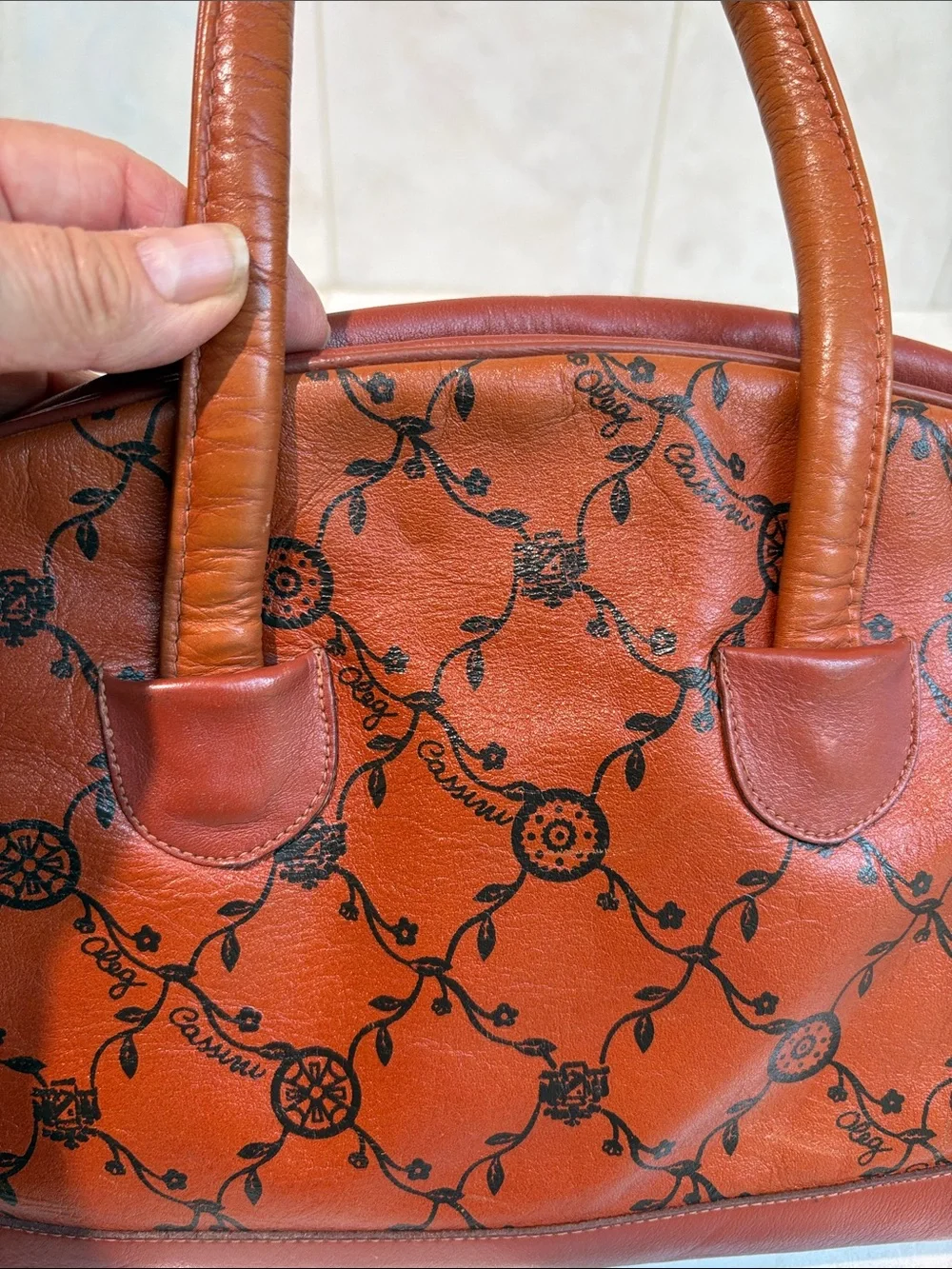Oleg Cassini Vintage Logo Brown Two Tone Leather Satchel Handbag